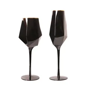 Elegant Free Sample Gold Rimmed Black Colored Wine Glasses Crystal Lead Free Wedding Champagne Glasses