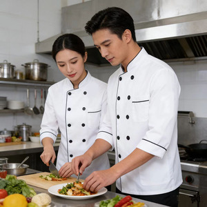Chef Uniform Cotton Workwear Short Sleeve Black Trim Restaurant Catering Hotel <b>Kitchen</b> Use - Product Image 1