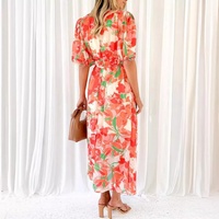 Vente en gros de vêtements pour femmes de haute qualité, sur mesure, nouveau design, tricoté, col en V, taille élastique, imprimé floral, décontracté, bohème, midi