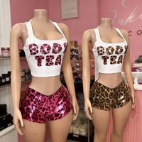 Vente flash - Ensemble sexy à imprimé léopard avec short à paillettes sans manches, tenue de club Y2K pour femmes, tenue de festival, streetwear tendance pour filles