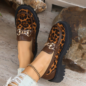 Women's Retro <strong>Leopard</strong> Print <strong>Flats</strong> for Spring Autumn Versatile Metal Buckle Toe Loafers Large Size Thick Sole Slip-On for Foreign - Product Image 2