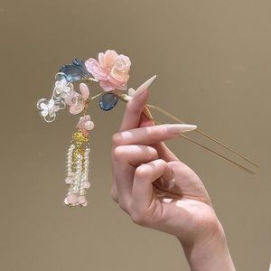 Horquilla de lujo con flor y borla larga, estilo chino, adorno para el cabello con pétalos azules, perlas de hada, decoración para Cheongsam, joyería para moños. - Product Image 6