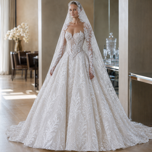 Abiti da <span class=keywords><strong>Sposa</strong></span> di Lusso Stile Ball Gown con Corsetto, Vestiti da <span class=keywords><strong>Sposa</strong></span> in Pizzo a Maniche Lunghe, Taglie Forti per Spose, Vendita all'Ingrosso - Product Image 1