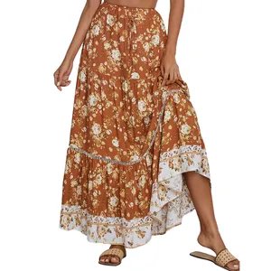 Women's Chic Bohemian Long Floral Print Ruffle Hem Vintage Boho Maxi Skirt