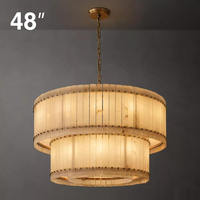Lustre rond à 2 niveaux en albâtre de luxe de 48 pouces, grande lampe suspendue en pierre naturelle et laiton avec LED pour grand salon, villa, hôtel