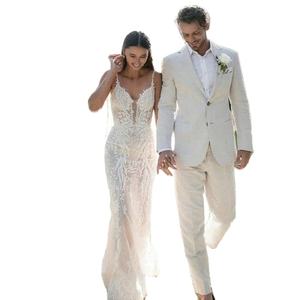 Costumes d'été en lin <span class=keywords><strong>beige</strong></span> pour hommes, costumes de mariage pour mariés, smoking Terno Masculino, coupe ajustée, <span class=keywords><strong>costume</strong></span> de soirée de bal, <span class=keywords><strong>costume</strong></span> homme 2 pièces (veste + pantalon) - Product Image 1