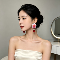 Anting-anting gantung bunga bordir Miao yang elegan, desain kait, hiasan manik-manik kristal merah, anting etnik untuk wanita