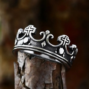 yunnique Crown <b>Cross</b> <b>Ring</b> Stainless Steel Unisex Viking Style Red Gemstone Jewelry Gift - Product Image 2