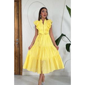 Vestido Amarillo con Volantes y Botones, Talla Única, Estilo Casual de Verano para Fiesta, Cintura Imperio, Forro de Viscosa, Modelo por Encargo - Product Image 5