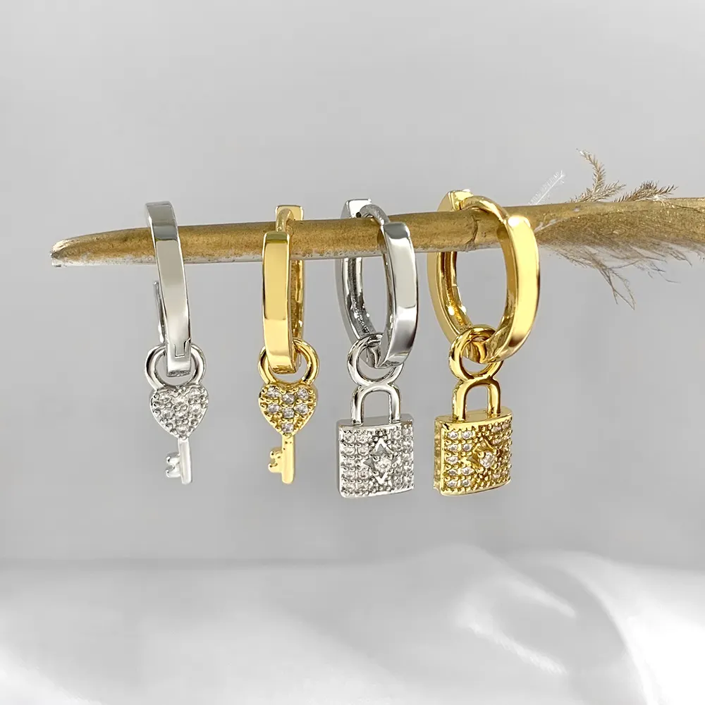 Custom hoop earrings charms removable hanging lock and key silver 18k gold plated hoop earrings