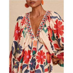 FOXA Women's <b>Boho</b> Floral V Neck Mini Dress Bishop Sleeve Loose Fit Casual Summer Dress - Product Image 4