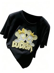 Cartoon Mickey <strong>Minnie</strong> Embroidery Crew Neck T Shirt Women Loose Short Sleeve Tee Soft Casual Daily Basic <strong>Top</strong> - Product Image 3