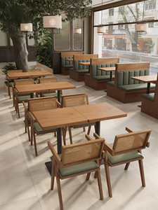Banquette murale avec dossier en rotin tressé, table à manger rectangulaire en bois massif, chaises à pieds en X pour café, bistro lumineux - Product Image 4