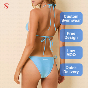 Custom Blue <b>Two</b> <b>Piece</b> Bikini <b>Set</b> Halter Lace Up Swimwear Solid Color Spandex Nylon Quick Dry Regular Fit - Product Image 2