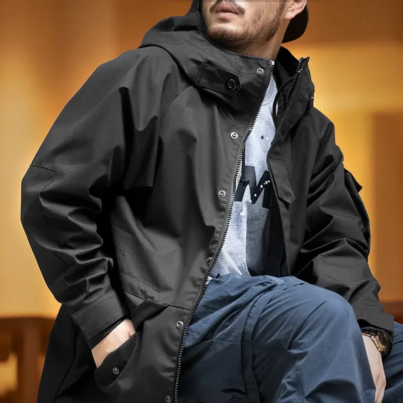 Maden Outdoor Sports Kapuzen jacke für Männer Motorrad Schwarz Wind breaker Korean Fashion Trenchcoat Lässige lange Jacken Outwear