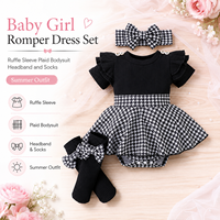 Ensemble robe barboteuse pour bébé fille, manches à volants, body à carreaux, bandeau et chaussettes, tenue d'été