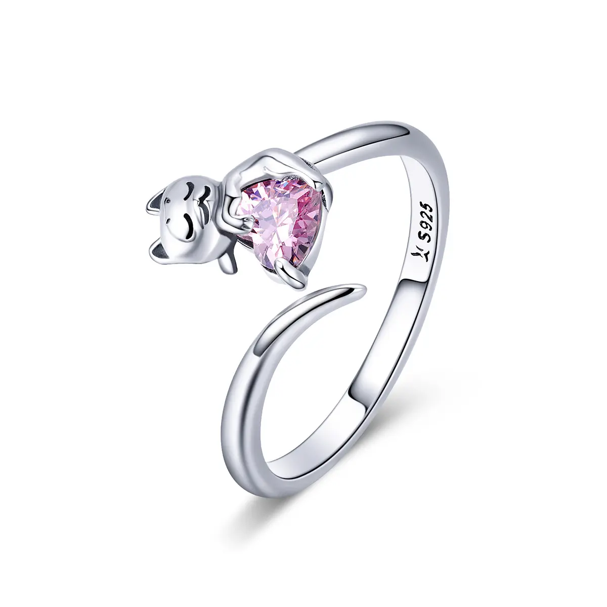 Bague en argent sterling 925 pour chat, anneau en zircon cubique rose, ajustable, ouvert, mignon, animal de compagnie