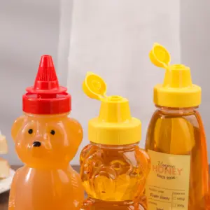 12oz शहद पीईटी प्लास्टिक की बोतल खाली प्लास्टिक शहद पैकिंग भालू आकार रस शहद की बोतल के विभिन्न प्रकार के साथ टोपी