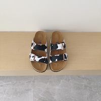 Sandales transfrontalières à deux brides en cuir véritable, imprimé léopard, en crin de cheval, grande taille, semelle en caoutchouc naturel, talon plat