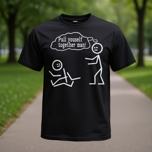 T-shirt divertente con disegno a fumetti 'Pull Yourself Together', camicia casual da uomo nera - Product Image 3