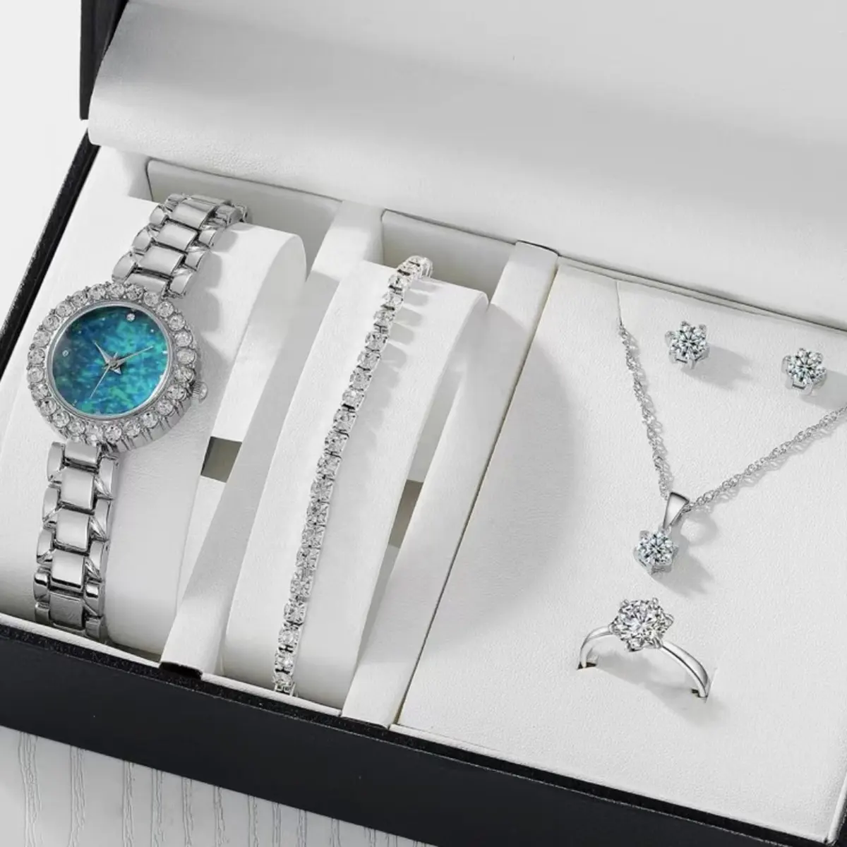 Elegant 5PCS Girls Watch Gift Set Quartz Ladies Watch Set Bling Hip Hop Diamond Watch Set For Women Gift