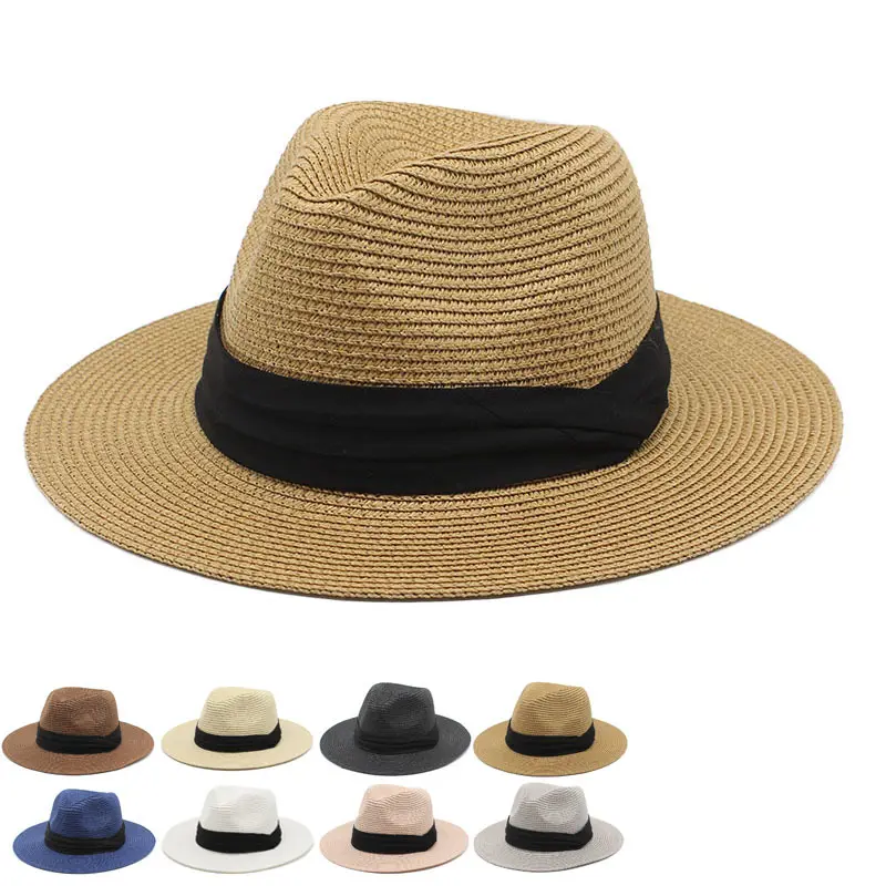 Custom Wholesale Chapeau Summer Hat Fedora Panama Fashion Outdoor Wide Brim Beach Stripped Paper Straw Hat for Women Men Sun Hat
