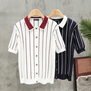 Polo décontracté pour <span class=keywords><strong>homme</strong></span> en polyester à rayures bretonnes bleu roi, t-shirt tricoté - Product Image 2