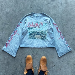 High Quality Custom Oversized Thermal T-<b>Shirts</b> Acid Wash <b>Waffle</b> Boxy Cropped Tee Cotton Pearl Thermal <b>Waffle</b> Knit Long Sleeve - Product Image 4