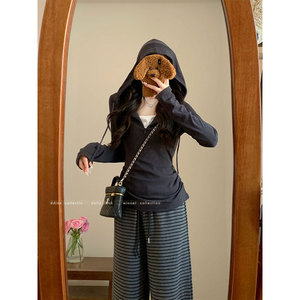 Miu Style Grey Hooded Long Sleeve T Shirt Women Slim Fit Half Zip Base <b>Layer</b> <b>Top</b> Casual Solid Color Breathable - Product Image 3