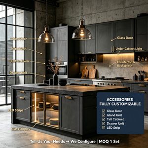 Armoires <span class=keywords><strong>de</strong></span> <span class=keywords><strong>cuisine</strong></span> sur mesure en MDF avec revêtement PVC noir mat, armoires murales d'îlot, poignées dorées, éclairage LED, respectueuses <span class=keywords><strong>de</strong></span> l'environnement - Product Image 2