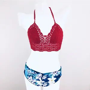 MIO Eropa dan Amerika Backless Lace Up seksi Hollow Bikini Top Crochet rajut Bikini baju renang pakaian untuk wanita