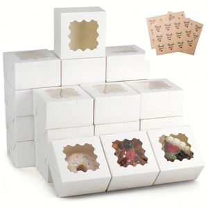 White Cookie Boxes with <b>Window</b> 4x4x2.5Inch Bakery Boxes with Stickers for Cookies Treats Desserts Chocolate Covered Strawberries - Product Image 1