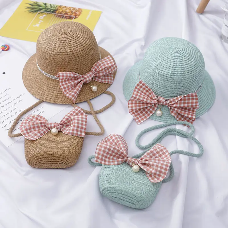 Children's Straw Summer Sunshade Hat Handbags Sets Girls Travel Wild Beach Accessories Bow Crossbody Bag