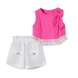 Completo Abito Estivo 2026 da <span class=keywords><strong>Bambina</strong></span> in Cotone: Gilet Senza Maniche con Fiocco e Colletto, Pantaloncini Bianchi con Bottoni Perla e Dettagli Nappa <span class=keywords><strong>Eleganti</strong></span> - Product Image 5