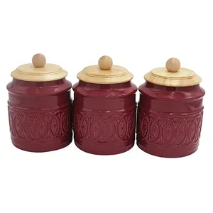 Set di 3 rosso smaltato gres contenitore di Stoccaggio di spezie condimenti vaso di ceramica con coperchio in legno