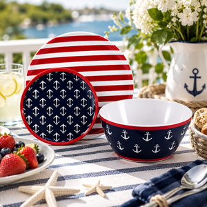 Collection de vaisselle en mélamine nautique d'été, ensemble d'assiettes et de bols à motif d'ancre - Product Image 6