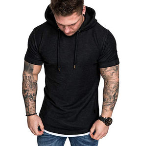 Camiseta atlética con ajuste muscular para gimnasio para hombre, camiseta de manga corta con capucha, ropa de calle de Color sólido para deportes de entrenamiento, camiseta activa - Product Image 1