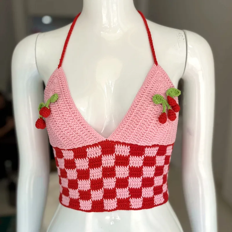 Vrouwen Sexy Handgemaakte Katoenen Gebreide Mode Bikini Geruit Rood En Roze Halter Korset Hemd Kersenmeisje Gehaakte Tanktop