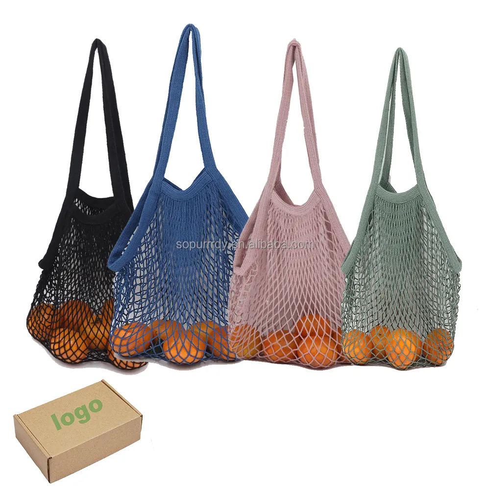 Sopurrrdy amazon saco de malha para compras, venda quente de saco de rede de algodão de frutas com alça, produtos de fábrica