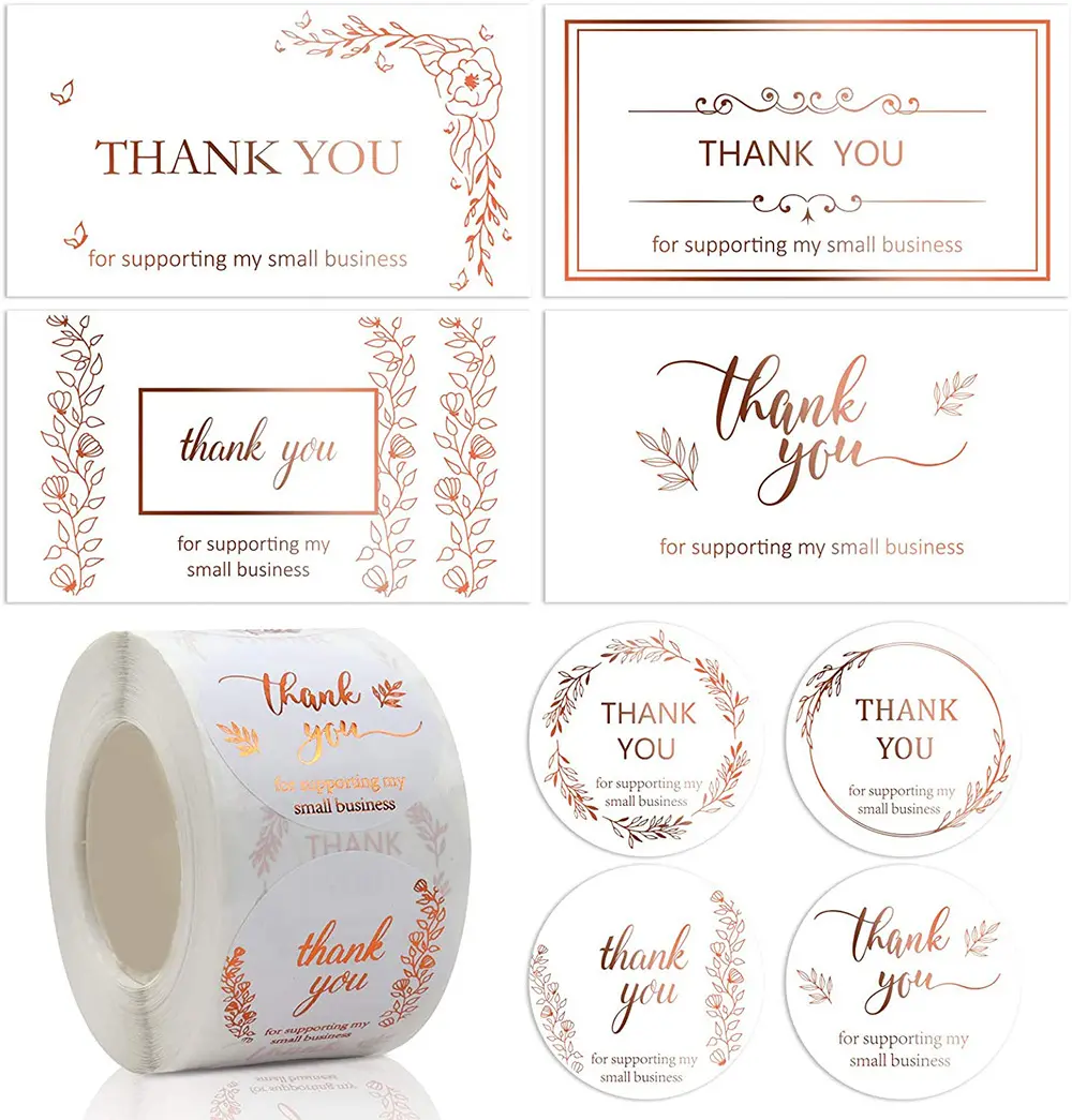 Rose gold foil thank you stickers and cards for supporting my small business sticker roll