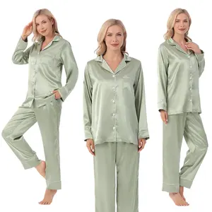 Stoffige Salie Lange Mouwen Dames Zijde Satijnen Pyjama 2 Delige Pyjama Set