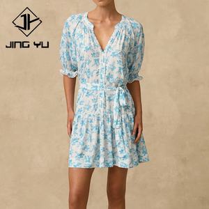 Vestido Elegante de Alta Calidad para Mujer, Estampado Playero, Cuello en V, Mangas Abullonadas Holgadas, Cintura Ajustada, 100% Rayón Voile, Mini Vestido - Product Image 1