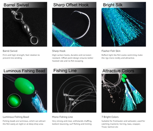 ALPHA Kit <span class=keywords><strong>de</strong></span> montages <span class=keywords><strong>de</strong></span> pêche en eau salée et eau douce avec hameçons aiguisés, peau <span class=keywords><strong>de</strong></span> poisson, émerillons barillet et perles lumineuses <span class=keywords><strong>pour</strong></span> flounders, bar et hareng. - Product Image 5