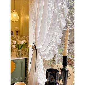 Gasa plisada prensada a presión <span class=keywords><strong>de</strong></span> viento en crema <span class=keywords><strong>de</strong></span> súper Hada francesa con <span class=keywords><strong>volantes</strong></span> para sala <span class=keywords><strong>de</strong></span> estar cortina transparente blanca plisada - Product Image 6