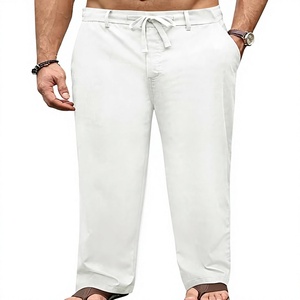 Men's White Cotton Oxford Pants Elastic Waist Casual Summer <b>Trousers</b> With Side Pockets Lightweight Breathable Fit - Product Image 1
