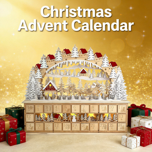 ปฏิทินนับถอยหลังวันคริสต์มาสแบบไม้ LED ขนาดใหญ่ หรูหรา เป็นมิตรกับสิ่งแวดล้อม ทนทาน ตกแต่งด้วยเลเซอร์คัท รูปบ้านหมู่บ้านฤดูหนาว 24 วัน - Product Image 1