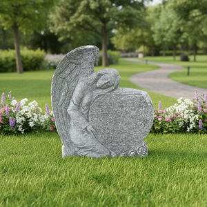 Sculpture commémorative personnalisée en pierre naturelle grise avec ange sculpté et <span class=keywords><strong>plaque</strong></span> en forme de cœur <span class=keywords><strong>pour</strong></span> <span class=keywords><strong>tombe</strong></span> ou cimetière - Product Image 3