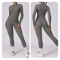 YISHENHON Logo personnalisé tenue de mode pour femmes solide nu col en v décontracté moulante Yoga combinaison avec manches longues pour l'été