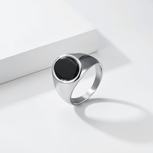 Simple oval <b>titanium</b> steel gemstone <b>ring</b> with geometric design, men's minimalist style, high-end feel, colorfast jewelry. - Product Image 3