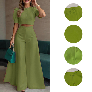 Ensembles de pantalons d'été tendance 2 pièces pour femmes, tenues assorties, chemisier élégant à manches courtes, pantalon large pour le travail, costume <span class=keywords><strong>OL</strong></span> - Product Image 4